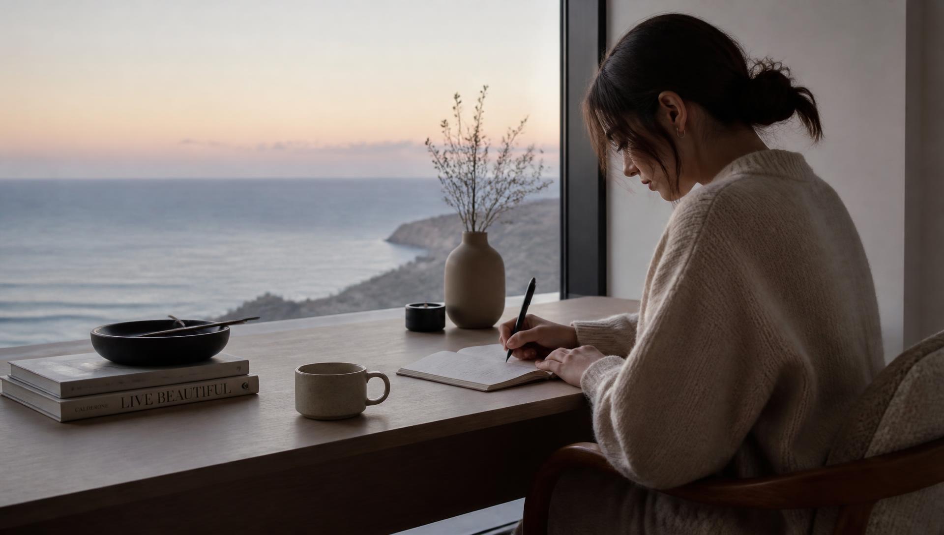 Writing at a quiet desk overlooking the sea